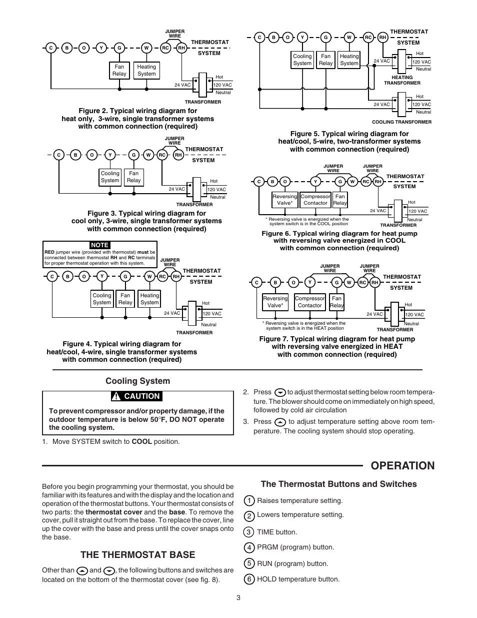 Operation, The thermostat base, Cooling system | The thermostat buttons and switches, Caution | White Rodgers 1F80-241 User Manual | Page 3 / 6