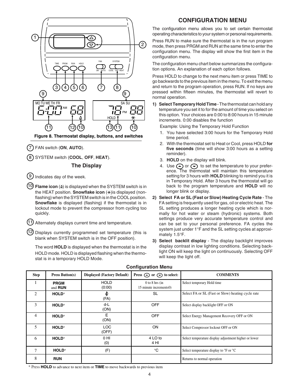 Configuration menu, The display | White Rodgers 1F80-241 User Manual | Page 4 / 6