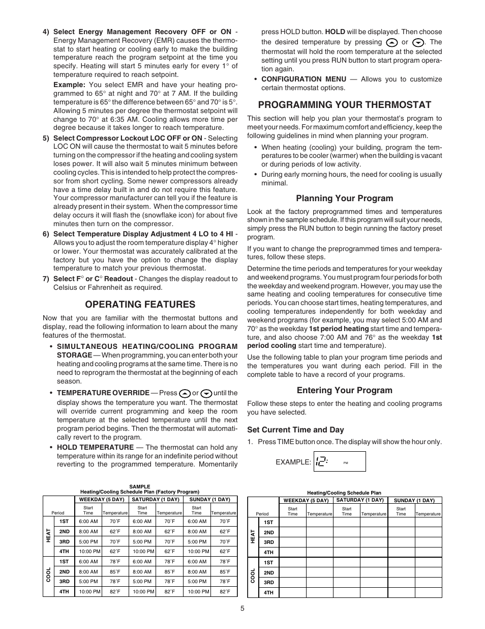 Operating features, Programming your thermostat, Planning your program | Entering your program, Set current time and day | White Rodgers 1F80-241 User Manual | Page 5 / 6