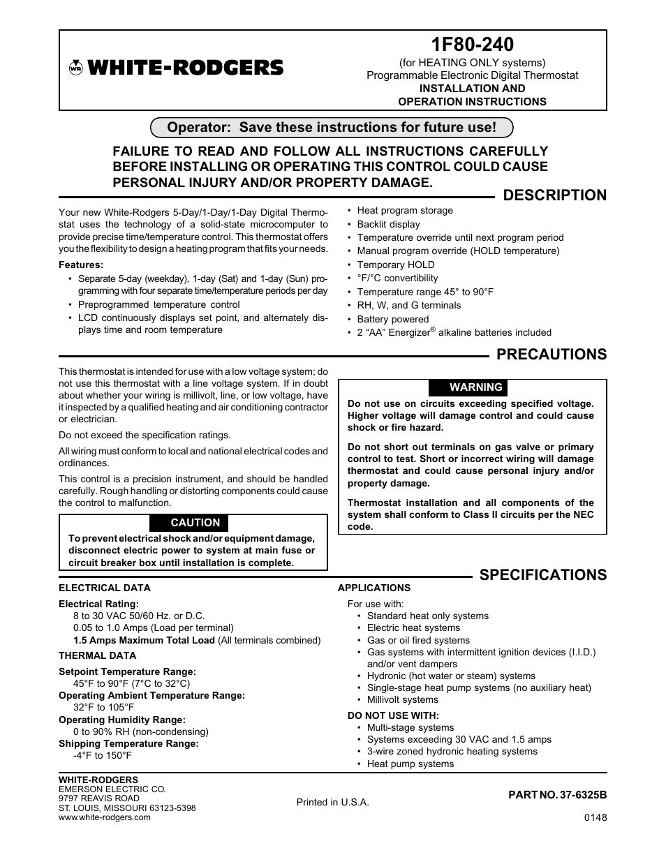 White Rodgers 1F80-240 User Manual | 8 pages