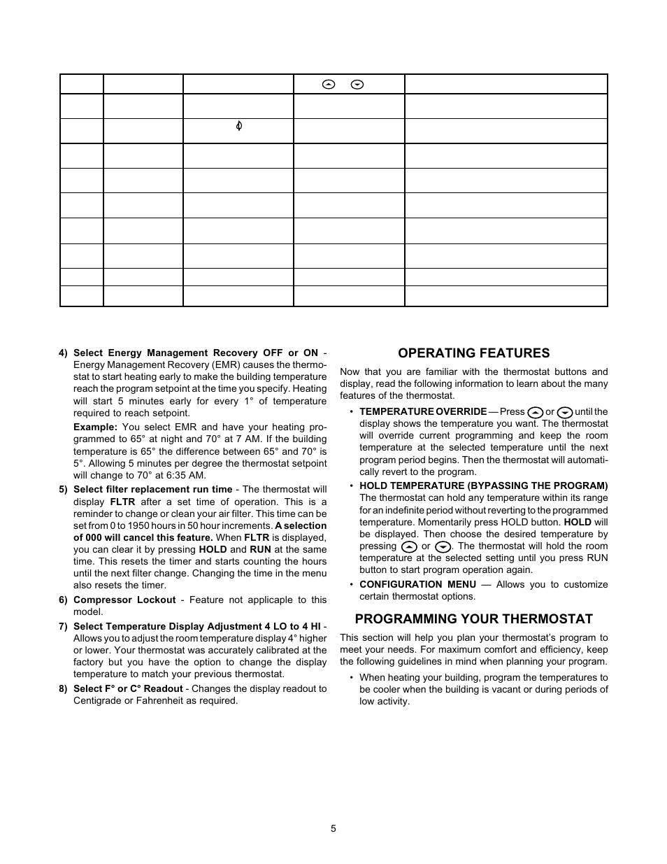 Operating features, Programming your thermostat | White Rodgers 1F80-240 User Manual | Page 5 / 8