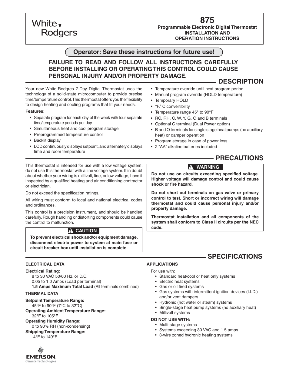 White Rodgers 875 User Manual | 8 pages