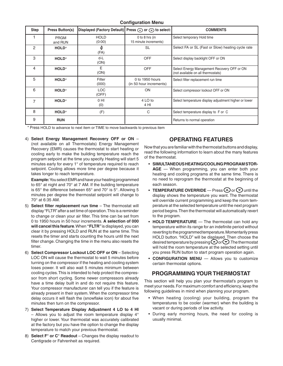 Operating features, Programming your thermostat | White Rodgers 875 User Manual | Page 5 / 8