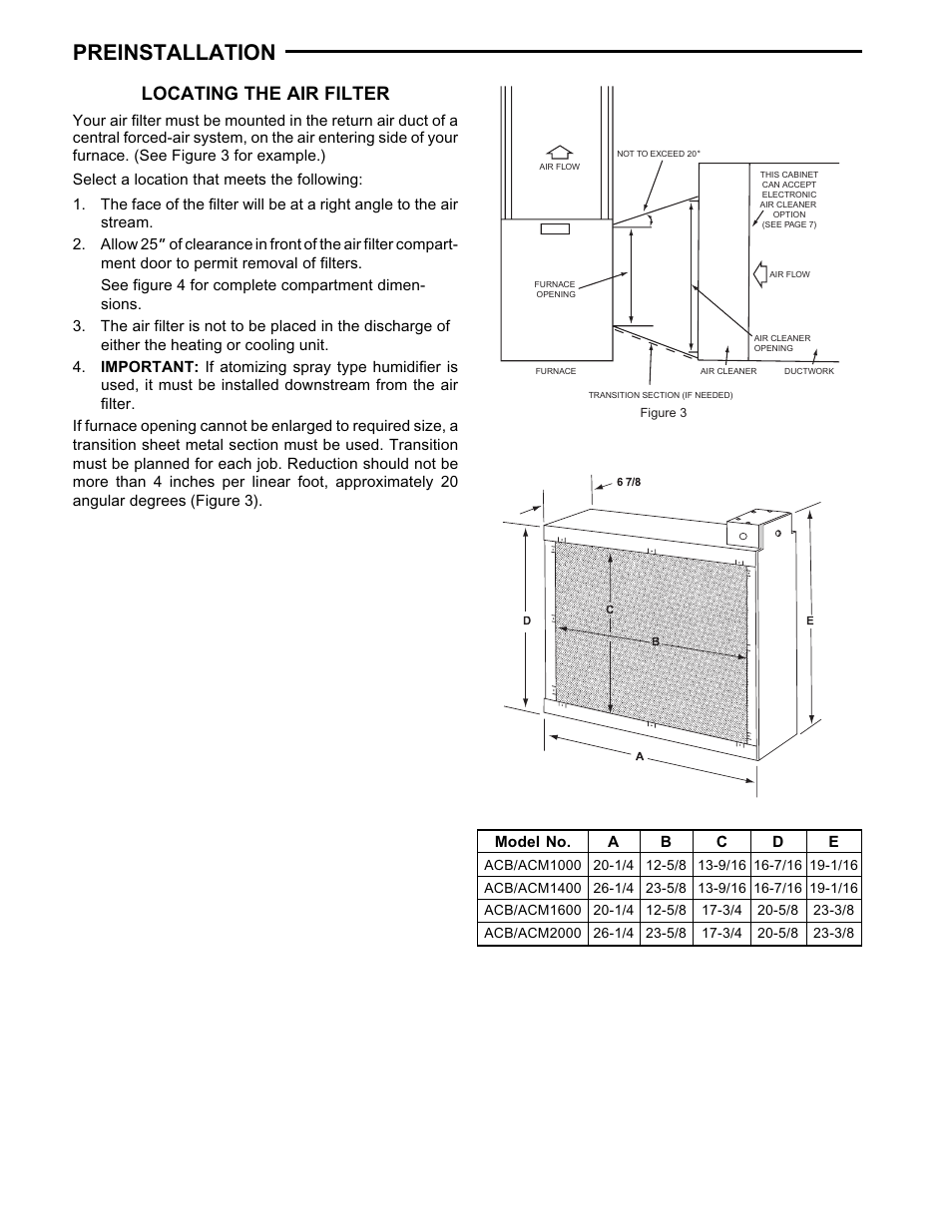 Preinstallation, Locating the air filter | White Rodgers ACM1000 User Manual | Page 4 / 8