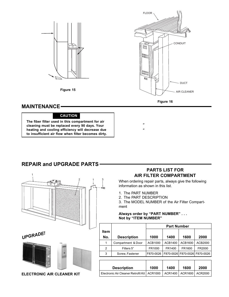 Maintenance, Repair and upgrade parts, Parts list for air filter compartment | Upgrade | White Rodgers ACM1000 User Manual | Page 7 / 8