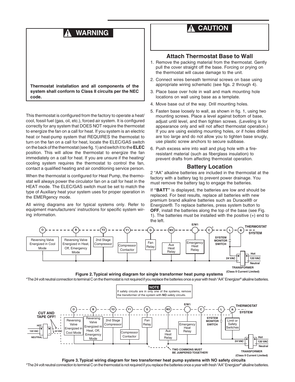 Warning, Mounting and wiring, Caution | Electric/gas switch (fan option), Attach thermostat base to wall, Battery location | White Rodgers 1F85-277 User Manual | Page 2 / 12