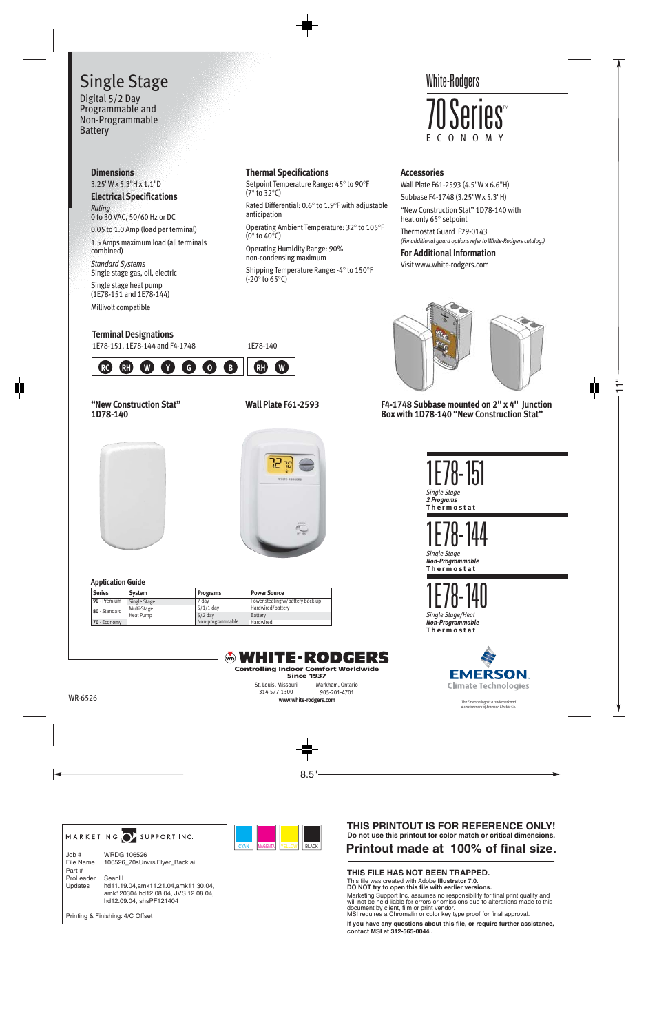 70series, Single stage, White-rodgers | Printout made at 100% of final size | White Rodgers 1E78-140 User Manual | Page 2 / 2