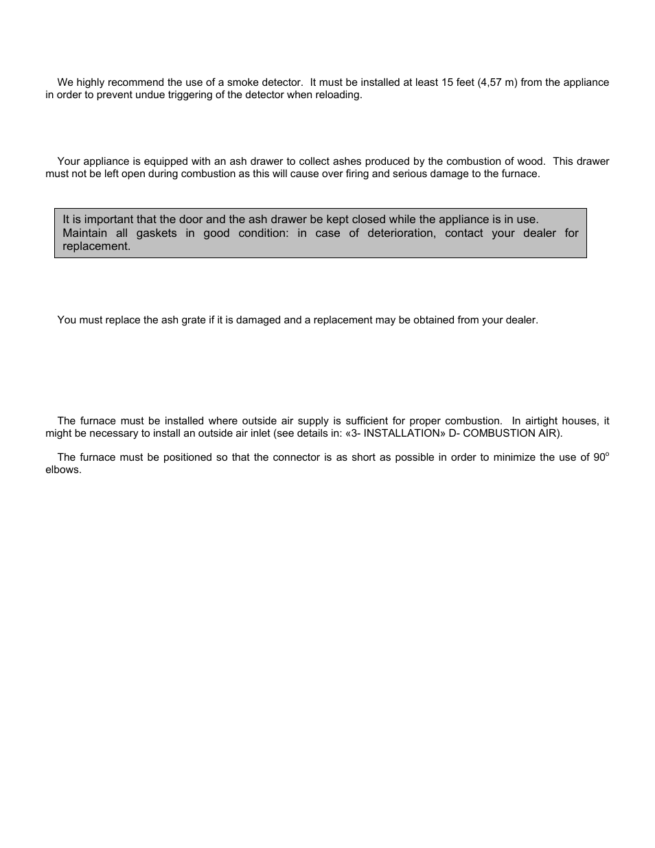Smoke detector, Ash drawer, Ash grate | Appliance installation, Unit location | White Rodgers G1N 4R9 User Manual | Page 6 / 31