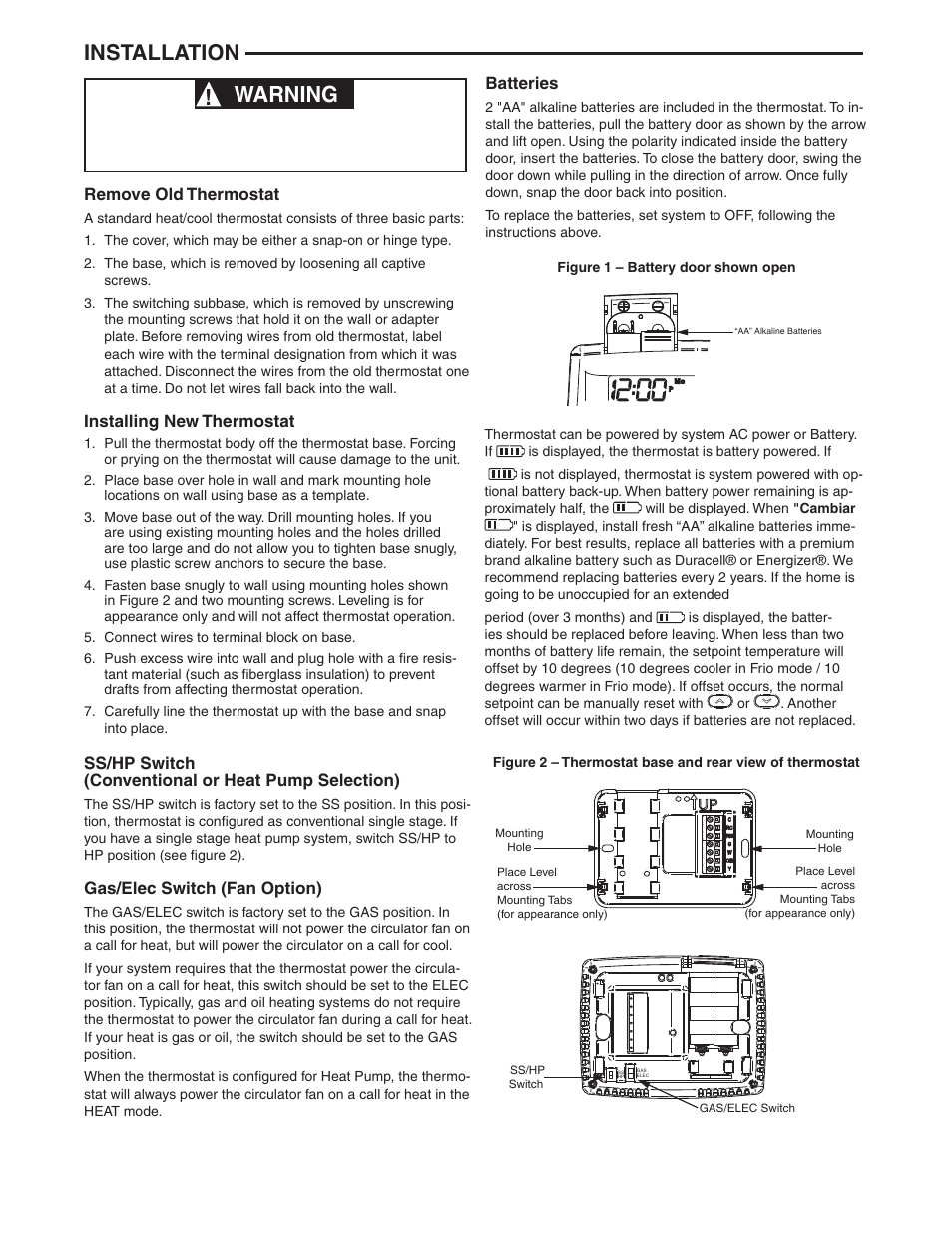 Warning, Installation, Remove old thermostat | Installing new thermostat, Ss/hp switch (conventional or heat pump selection), Gas/elec switch (fan option), Batteries | White Rodgers 1F86ST-0471 User Manual | Page 2 / 8