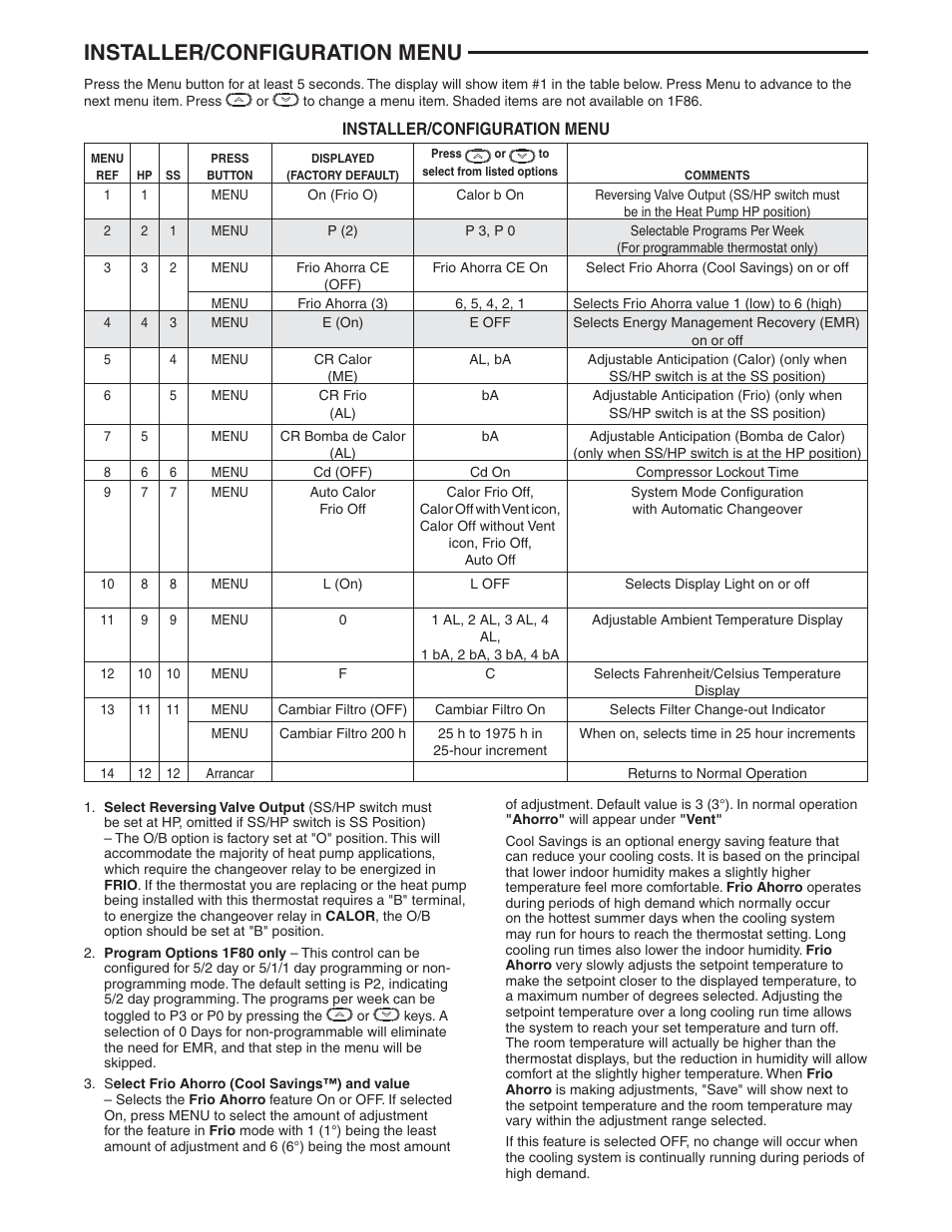 Installer/configuration menu | White Rodgers 1F86ST-0471 User Manual | Page 4 / 8