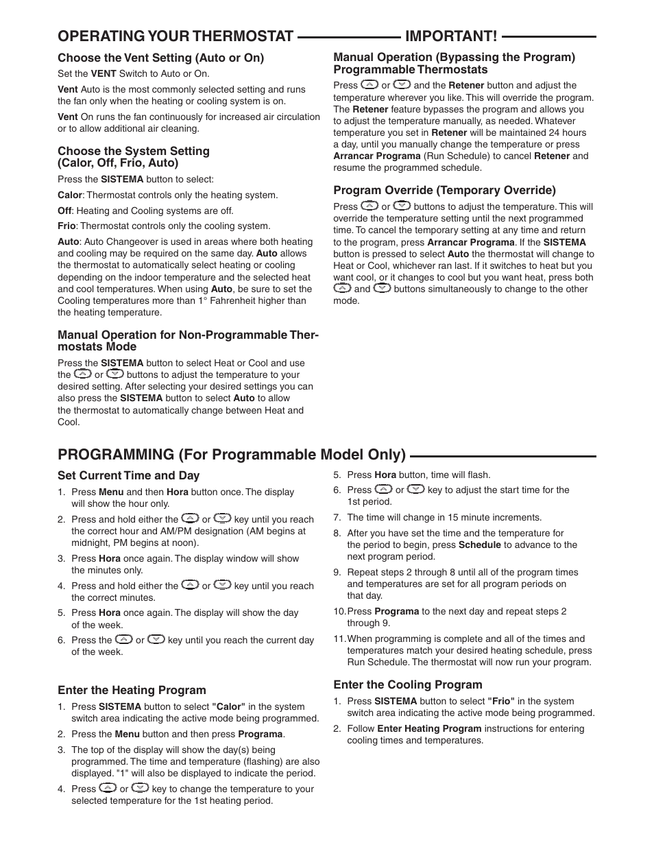 Operating your thermostat important, Programming (for programmable model only) | White Rodgers 1F86ST-0471 User Manual | Page 6 / 8