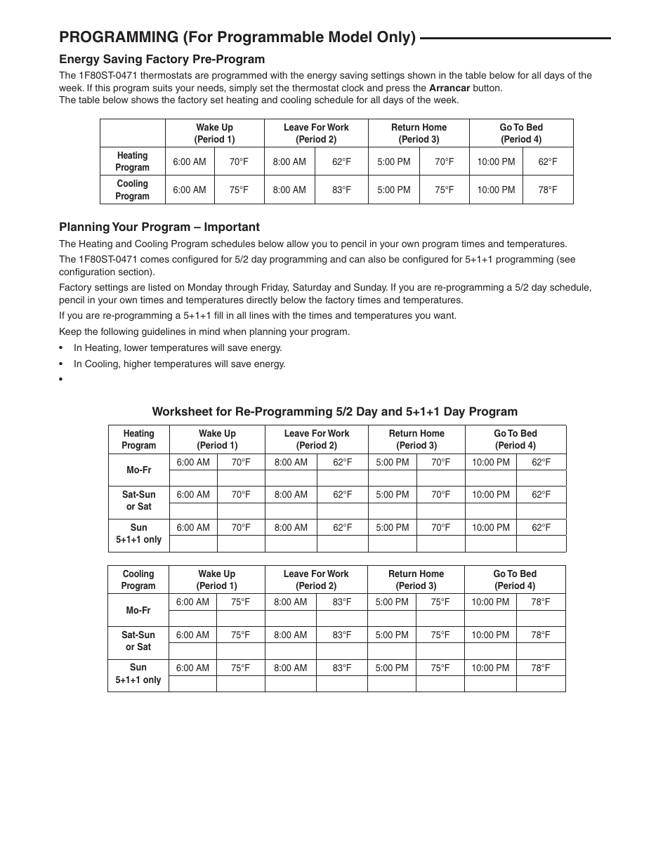 Programming (for programmable model only) | White Rodgers 1F86ST-0471 User Manual | Page 7 / 8