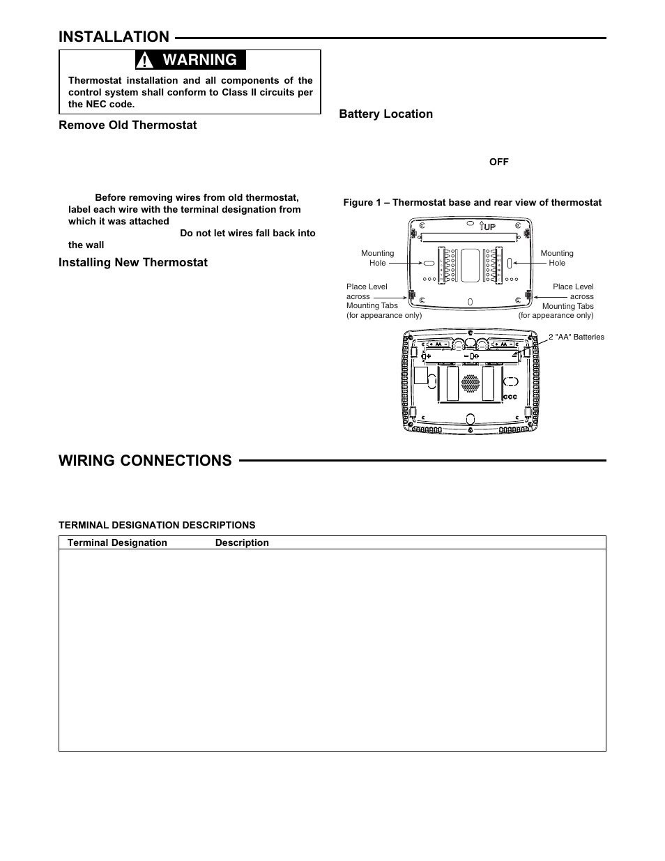 Wiring connections, Warning, Installation | White Rodgers 1F95-1271 User Manual | Page 2 / 8