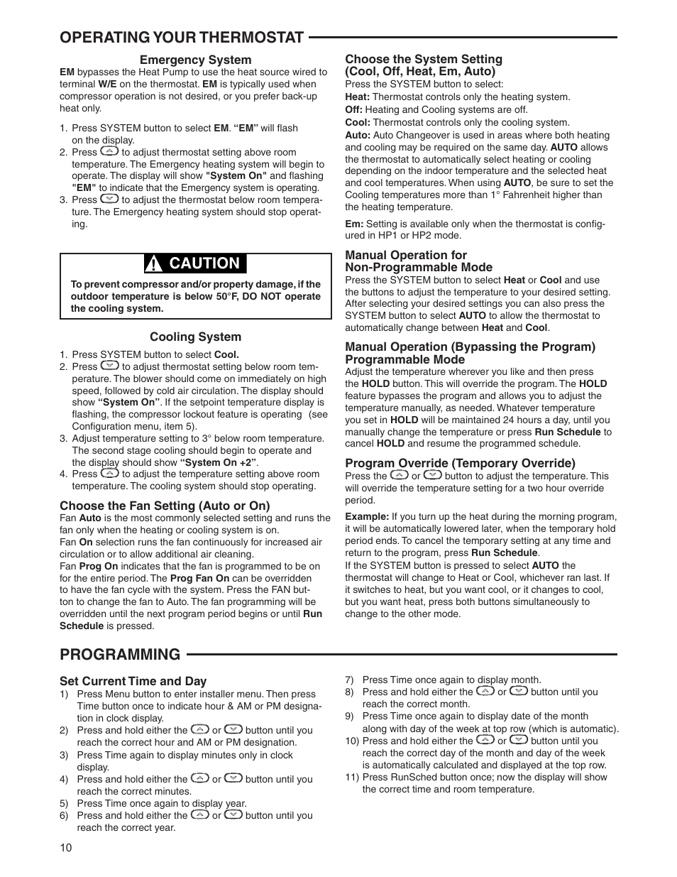 Caution, Operating your thermostat programming | White Rodgers 1F95-0671 User Manual | Page 10 / 16