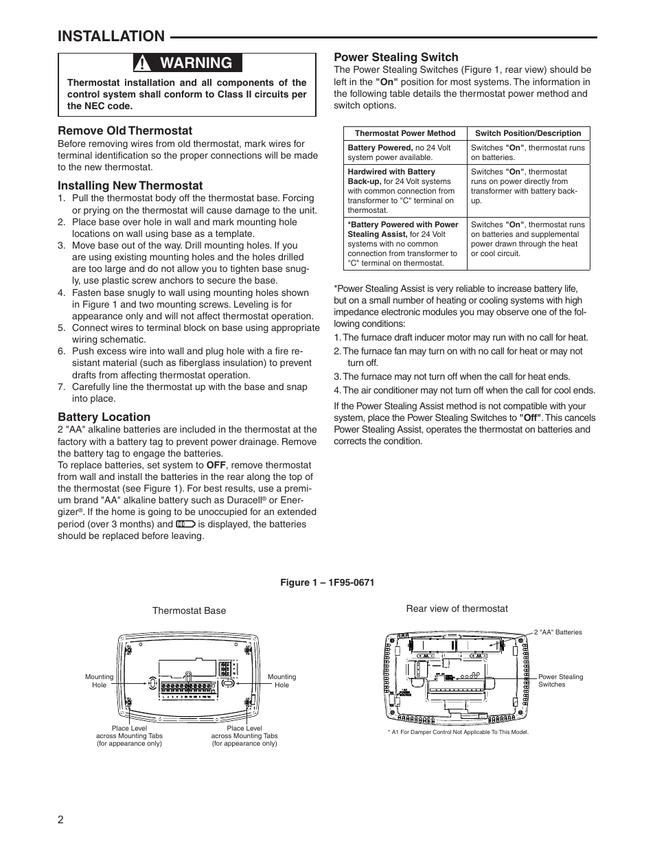 Warning, Installation, Remove old thermostat | Installing new thermostat, Battery location, Power stealing switch | White Rodgers 1F95-0671 User Manual | Page 2 / 16