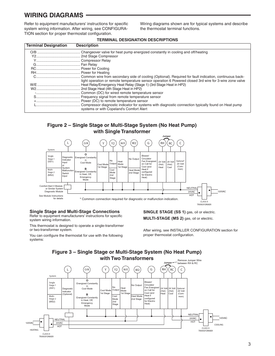 Wiring diagrams, Single stage and multi-stage connections, Single stage (ss 1) | Multi-stage (ms 2) | White Rodgers 1F95-0671 User Manual | Page 3 / 16