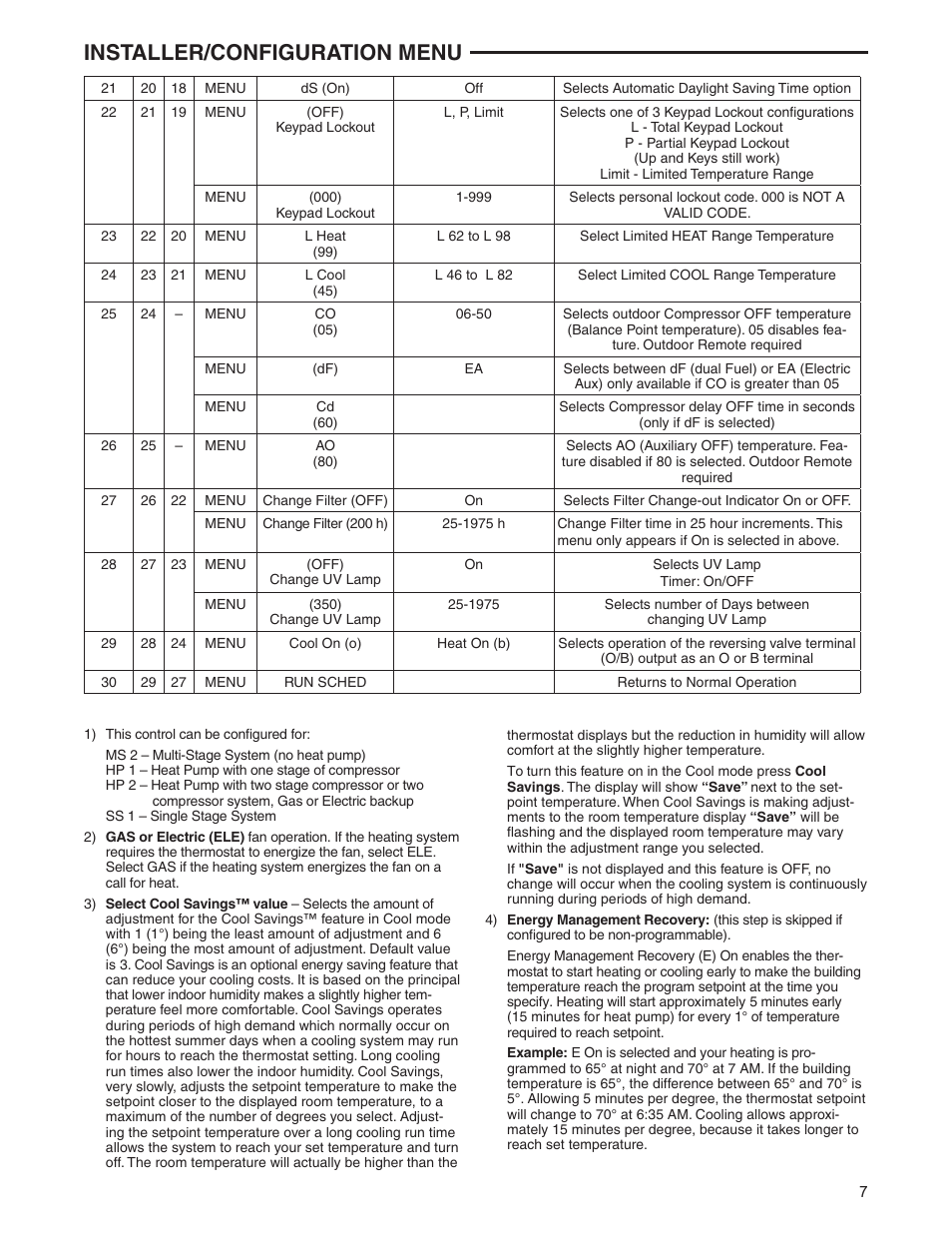 Installer/configuration menu | White Rodgers 1F95-0671 User Manual | Page 7 / 16