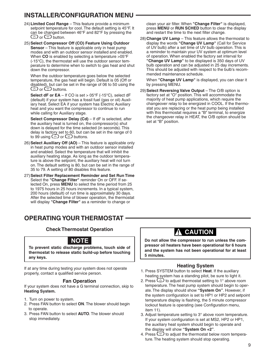 Installer/configuration menu, Operating your thermostat, Caution | White Rodgers 1F95-0671 User Manual | Page 9 / 16