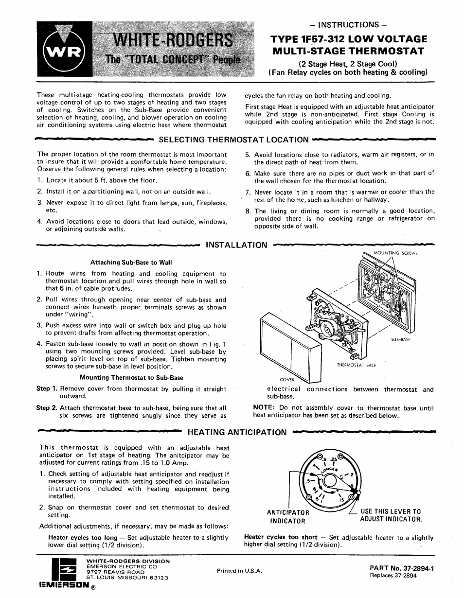 White Rodgers 1F57-312 User Manual | 2 pages