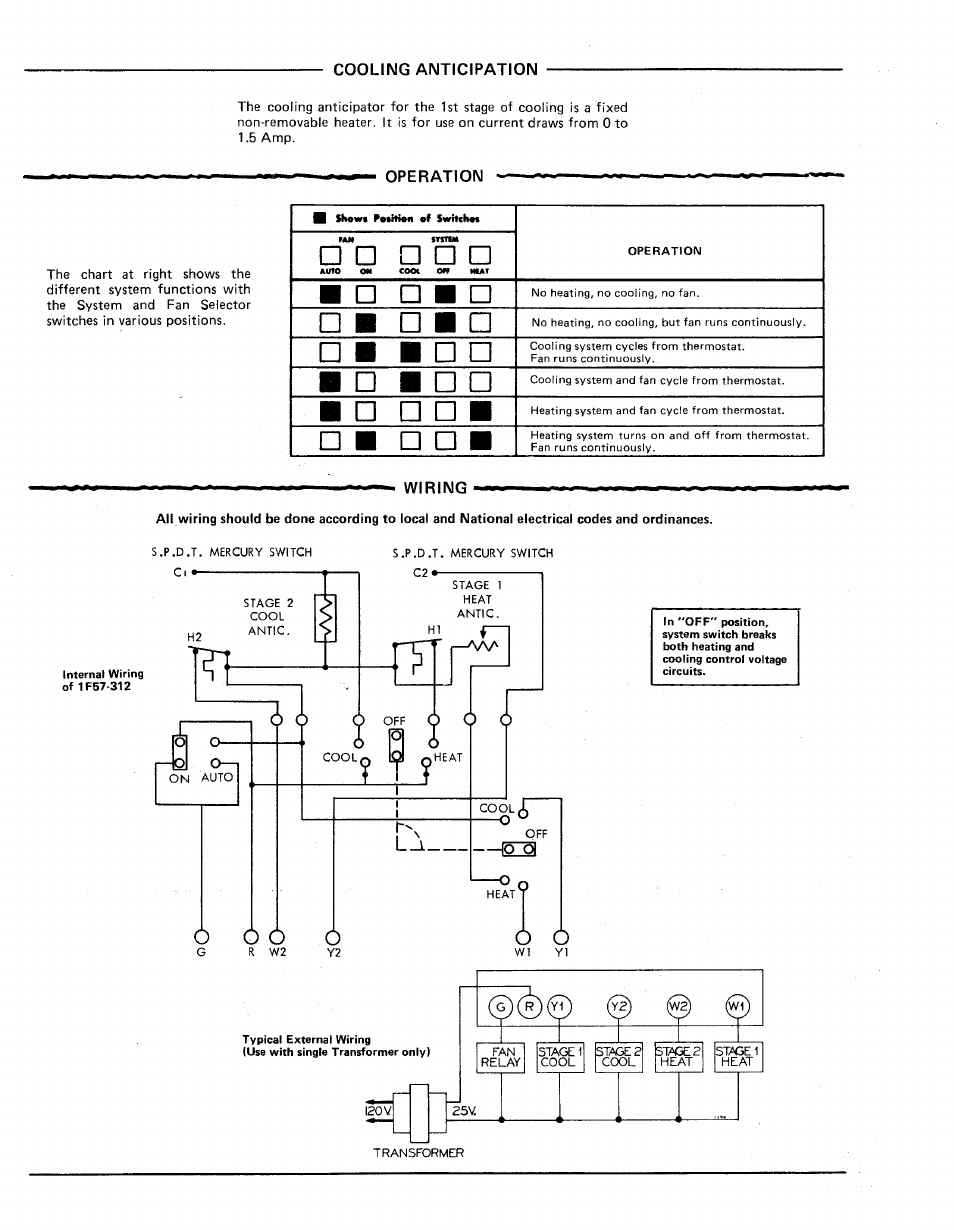 Cooling anticipation, Operation, Wiring | White Rodgers 1F57-312 User Manual | Page 2 / 2