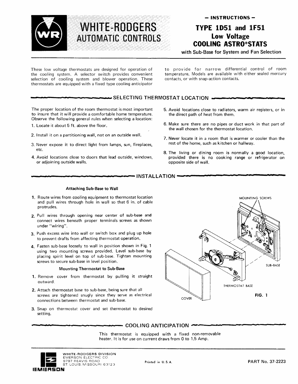 White Rodgers 1F51 User Manual | 2 pages