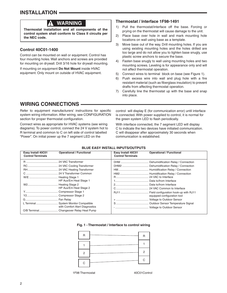 Installation, Warning, Wiring connections | White Rodgers 1F98EZ-1421 User Manual | Page 2 / 8