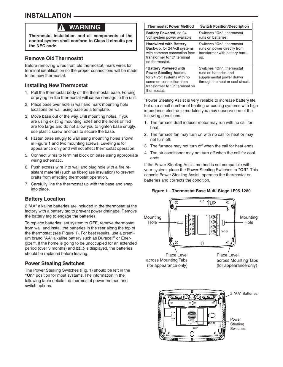 Warning, Installation, Remove old thermostat | Installing new thermostat, Battery location, Power stealing switches | White Rodgers 1F95-1280 User Manual | Page 2 / 16