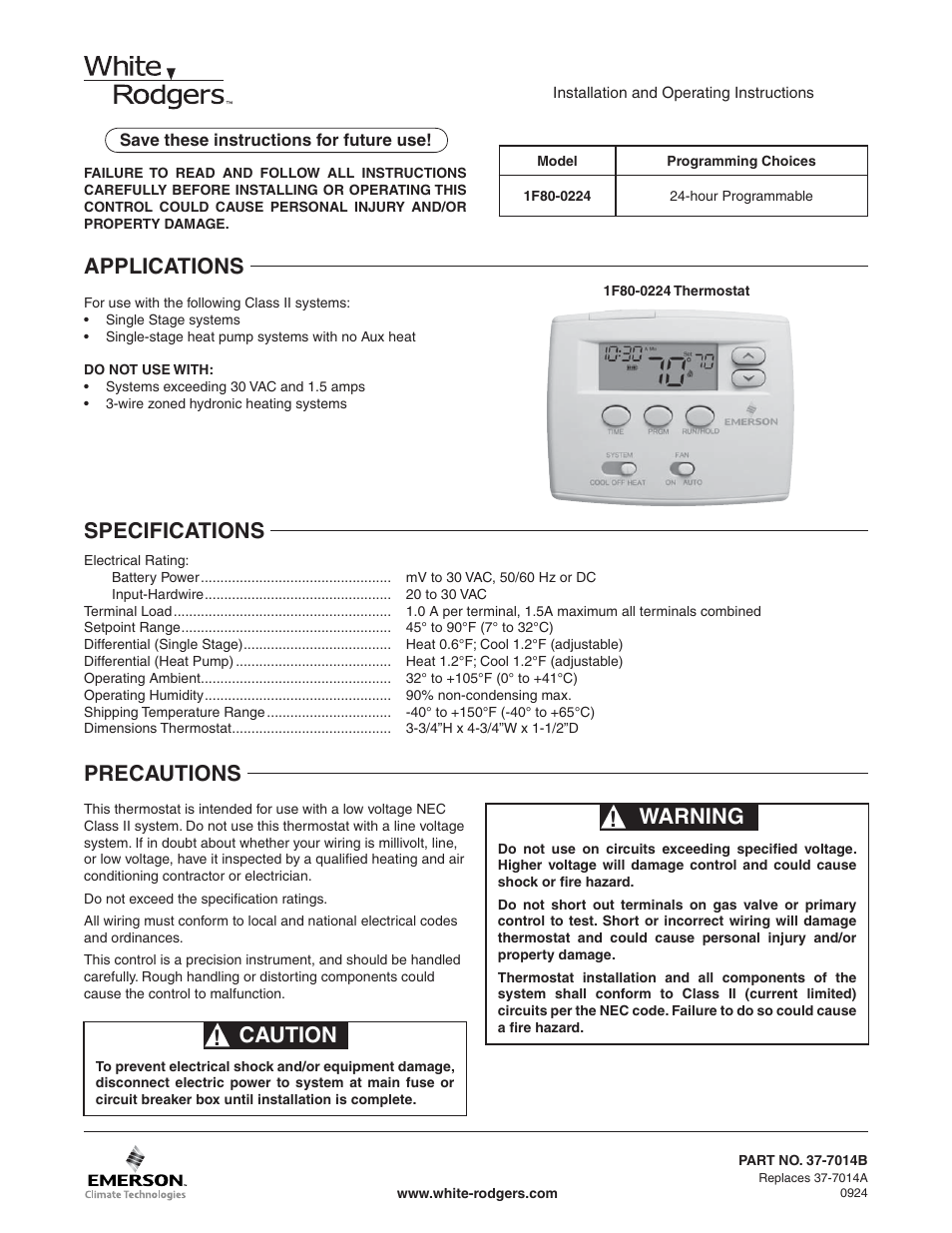 White Rodgers 1F80-0224 User Manual | 12 pages