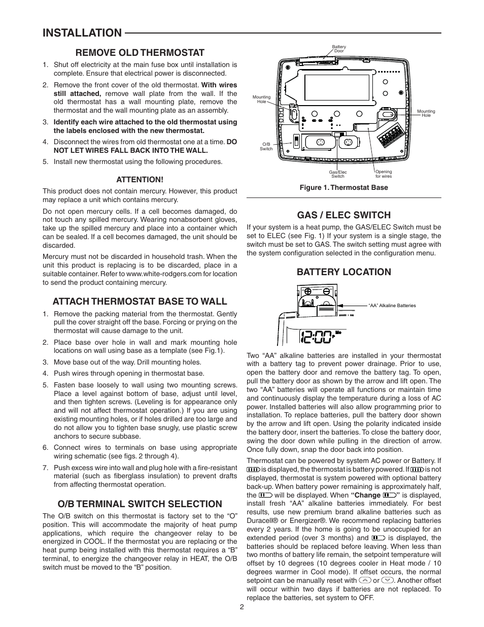 Installation, Remove old thermostat, Attach thermostat base to wall | O/b terminal switch selection, Gas / elec switch, Battery location | White Rodgers 1F80-0224 User Manual | Page 2 / 12