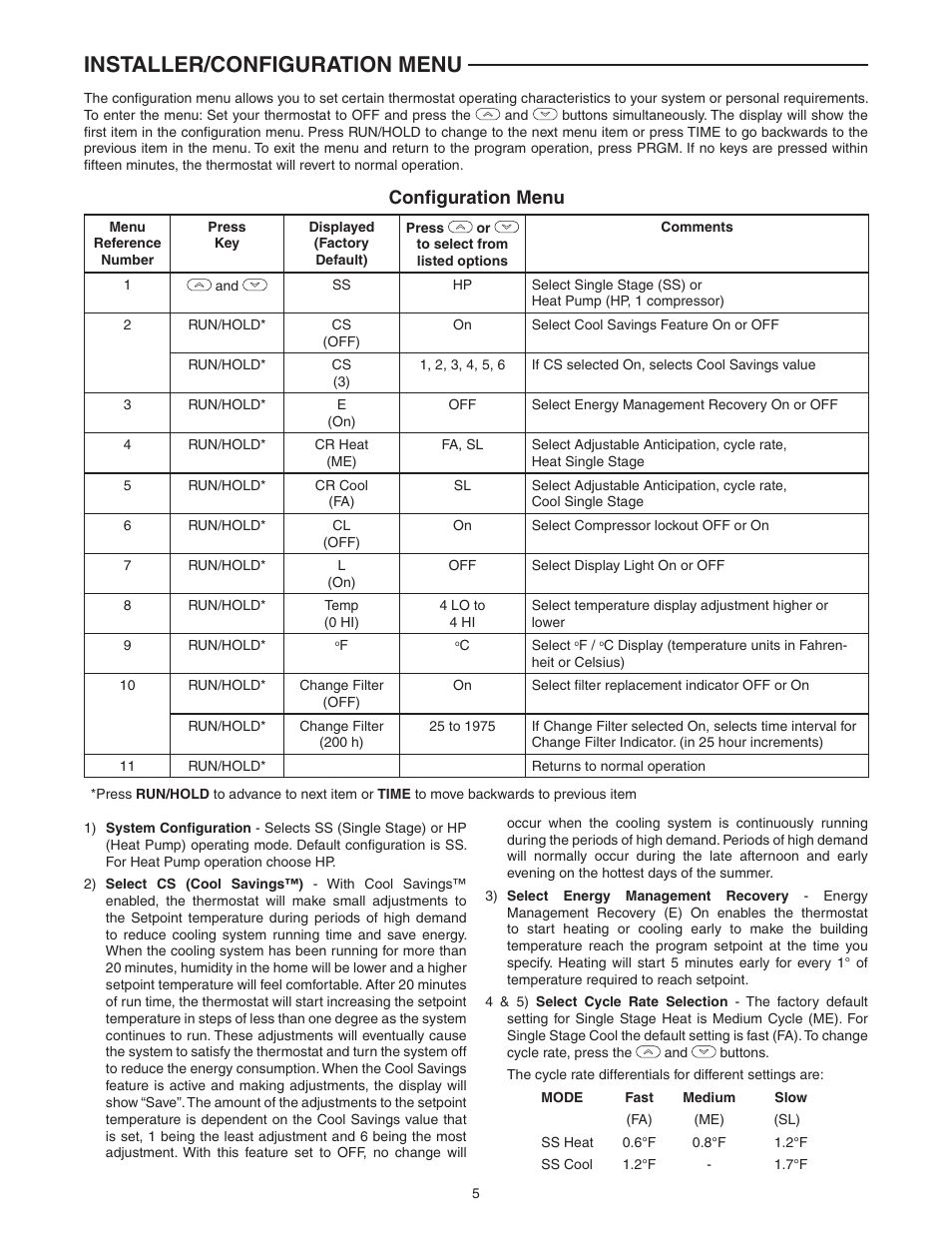 Installer/configuration menu, Confi guration menu | White Rodgers 1F80-0224 User Manual | Page 5 / 12
