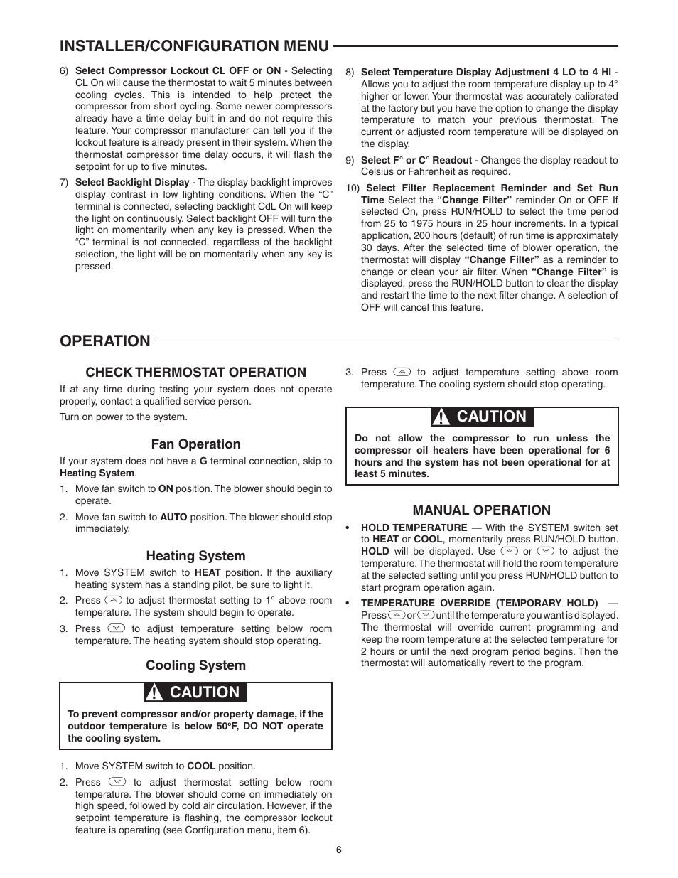 Caution, Installer/configuration menu, Operation | White Rodgers 1F80-0224 User Manual | Page 6 / 12