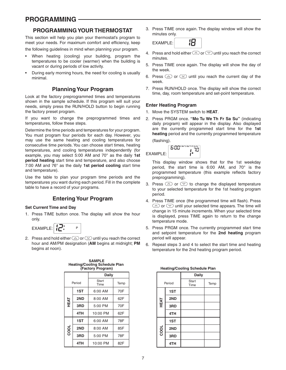 Programming, Programming your thermostat, Planning your program | Entering your program | White Rodgers 1F80-0224 User Manual | Page 7 / 12