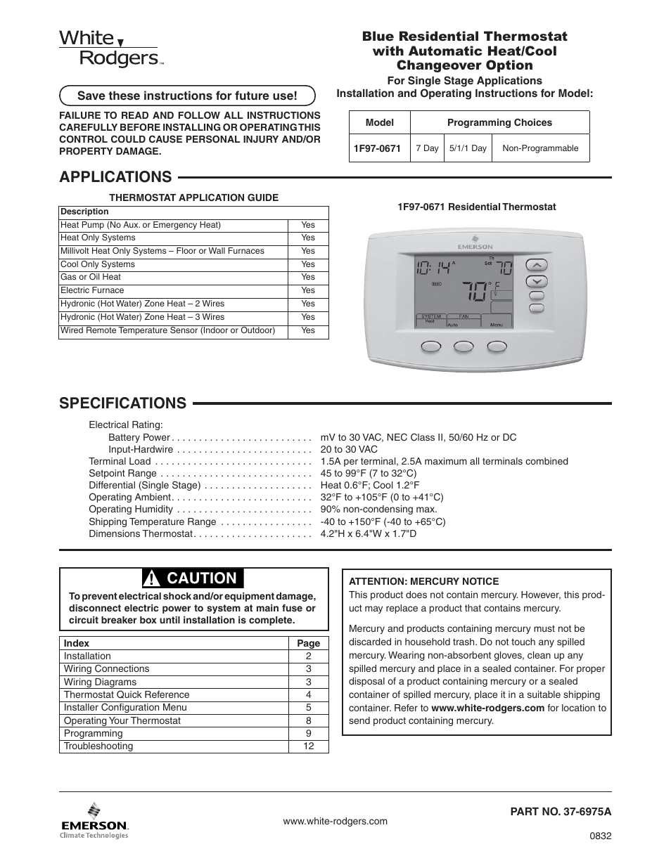 White Rodgers 1F97-0671 User Manual | 12 pages