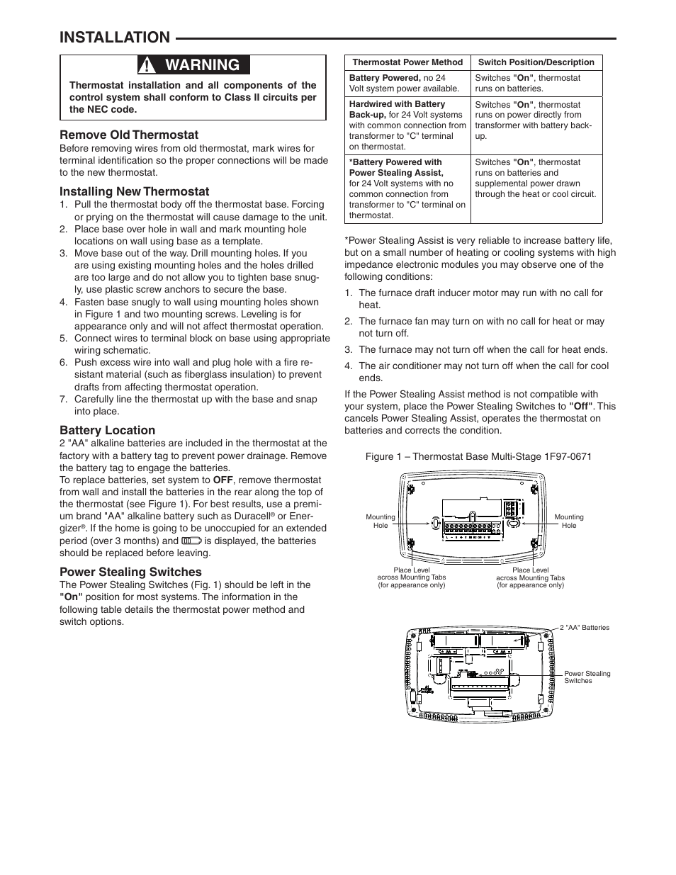 Warning, Installation, Remove old thermostat | Installing new thermostat, Battery location, Power stealing switches | White Rodgers 1F97-0671 User Manual | Page 2 / 12