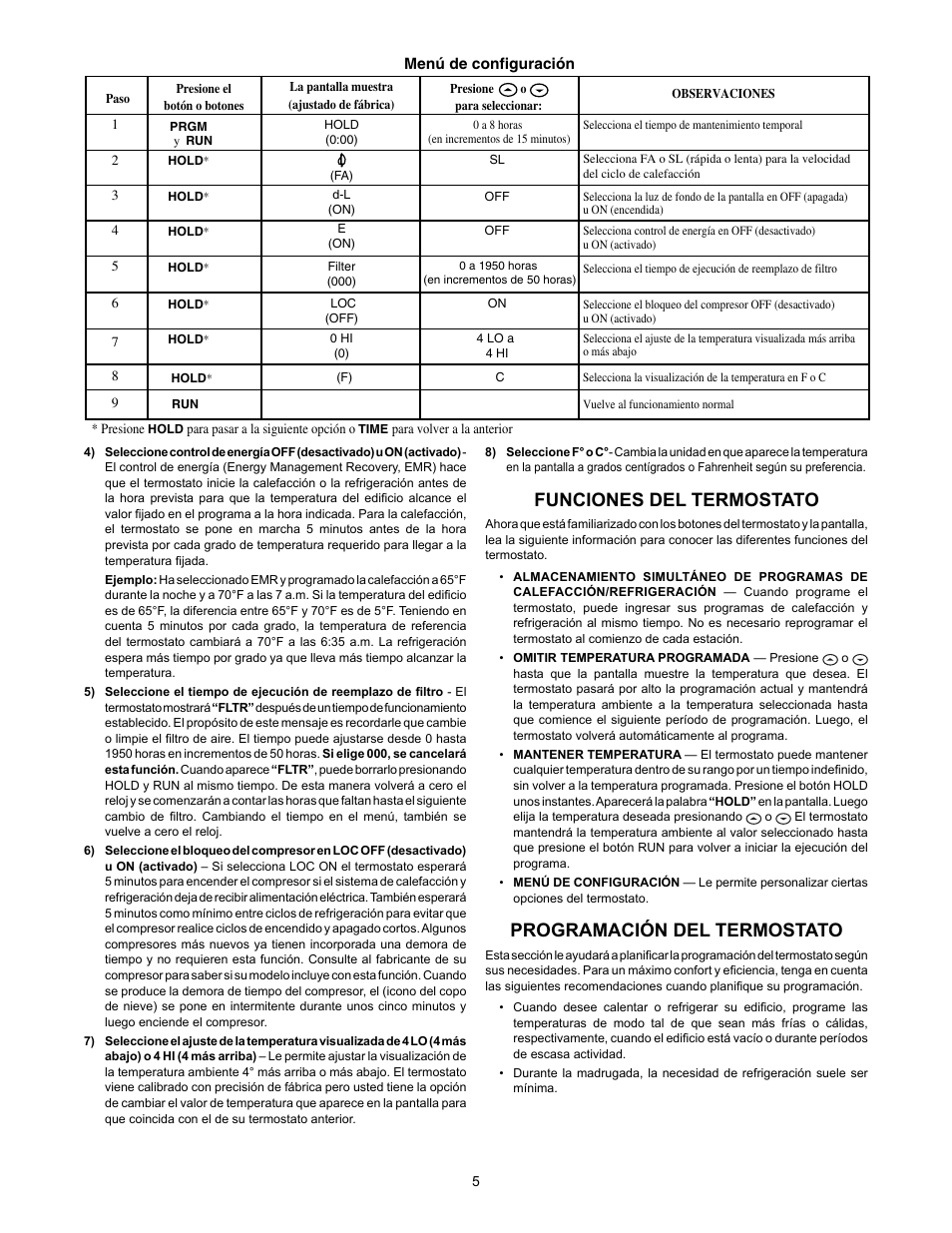 Funciones del termostato, Programación del termostato | White Rodgers 1F80-361 User Manual | Page 13 / 16