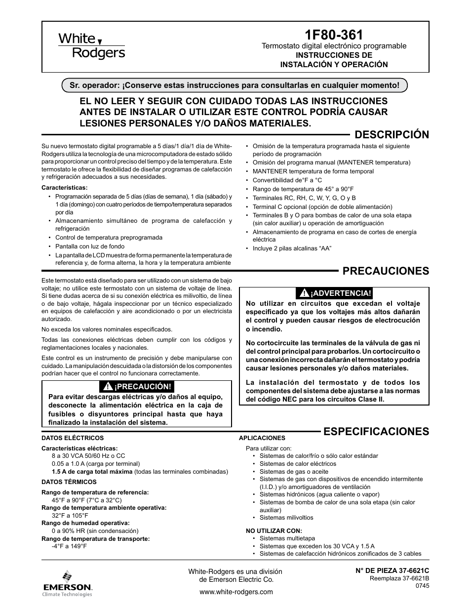 Descripción, Precauciones, Especificaciones | White Rodgers 1F80-361 User Manual | Page 9 / 16