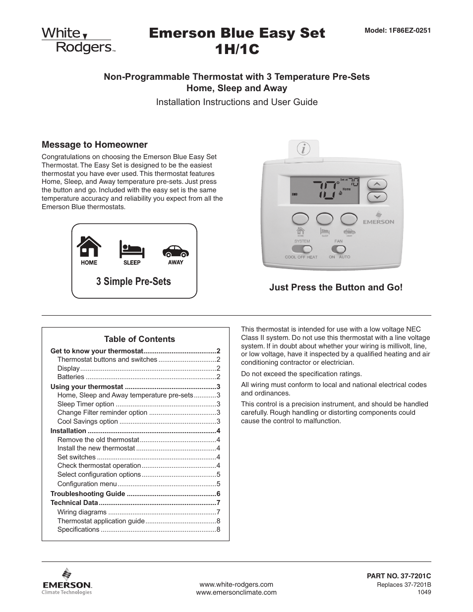 White Rodgers BLUE EASY 1F86EZ-0251 User Manual | 8 pages