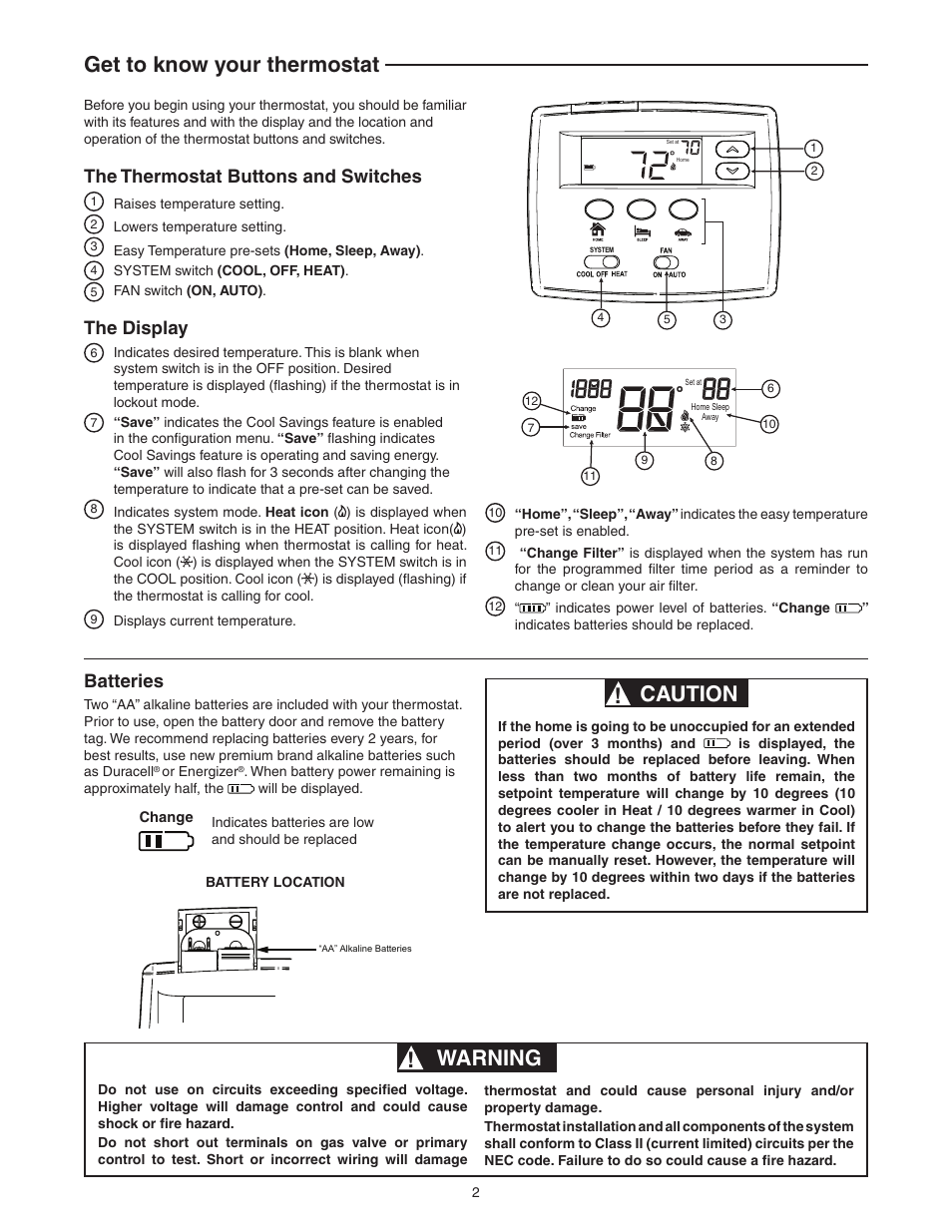 Get to know your thermostat, Caution, Warning | The thermostat buttons and switches, The display, Batteries | White Rodgers BLUE EASY 1F86EZ-0251 User Manual | Page 2 / 8