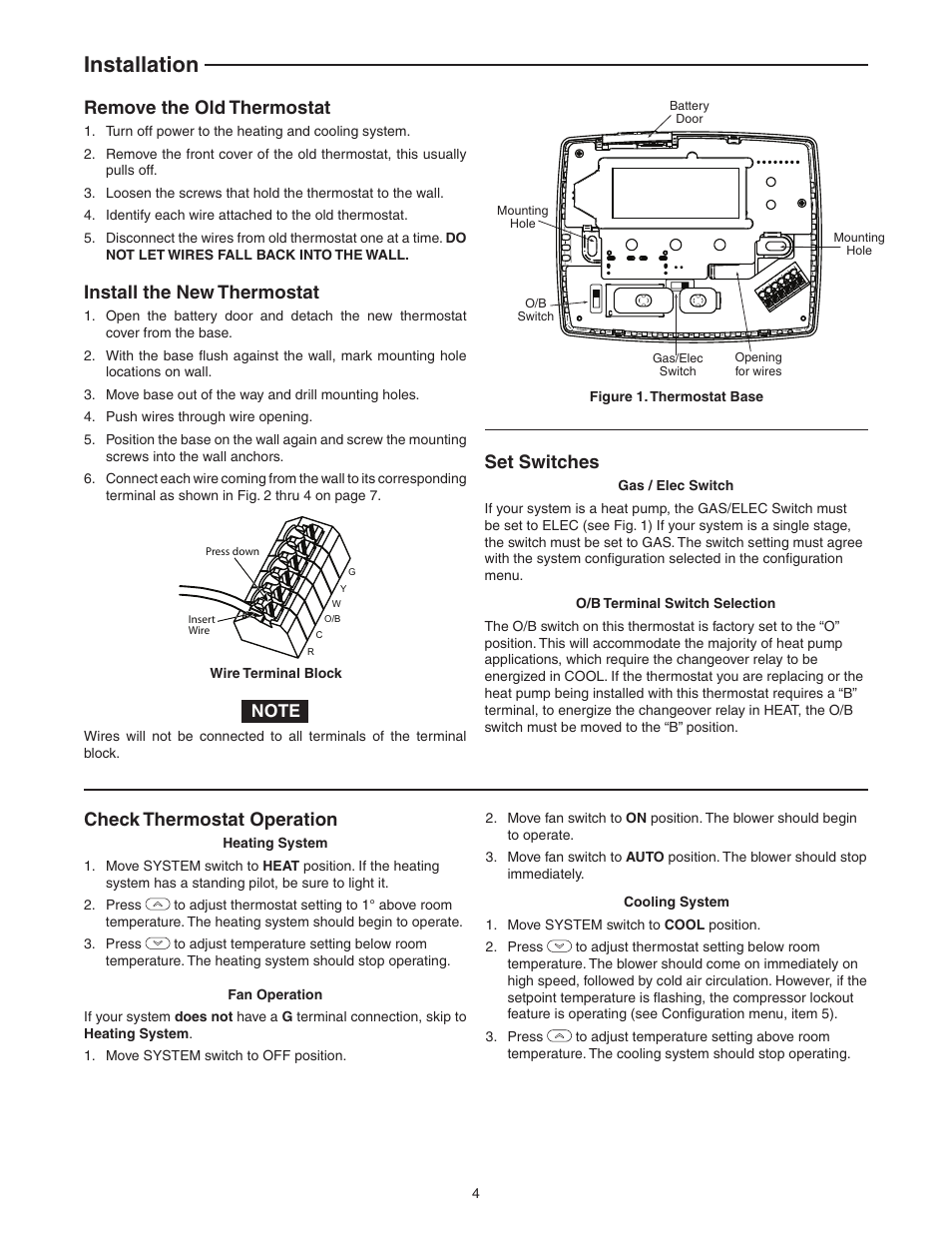 Installation, Remove the old thermostat, Install the new thermostat | Set switches, Check thermostat operation | White Rodgers BLUE EASY 1F86EZ-0251 User Manual | Page 4 / 8
