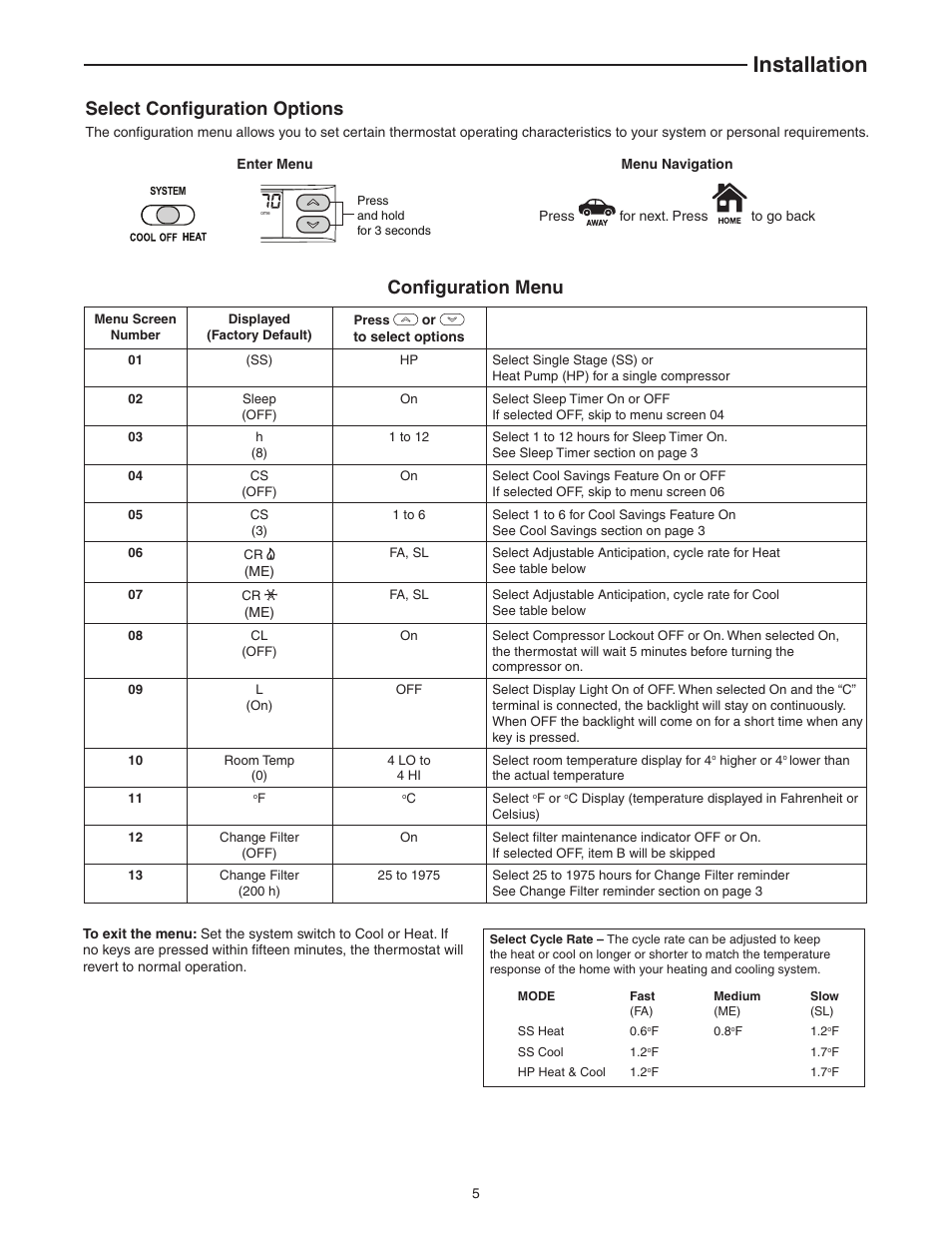Installation, Configuration menu, Select configuration options | White Rodgers BLUE EASY 1F86EZ-0251 User Manual | Page 5 / 8