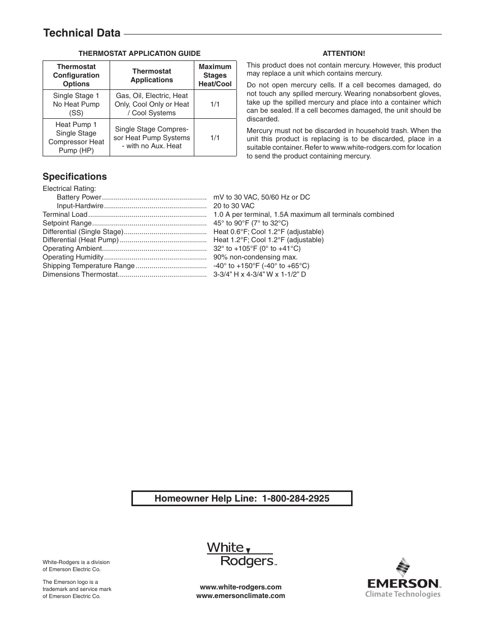 Technical data, Specifications | White Rodgers BLUE EASY 1F86EZ-0251 User Manual | Page 8 / 8