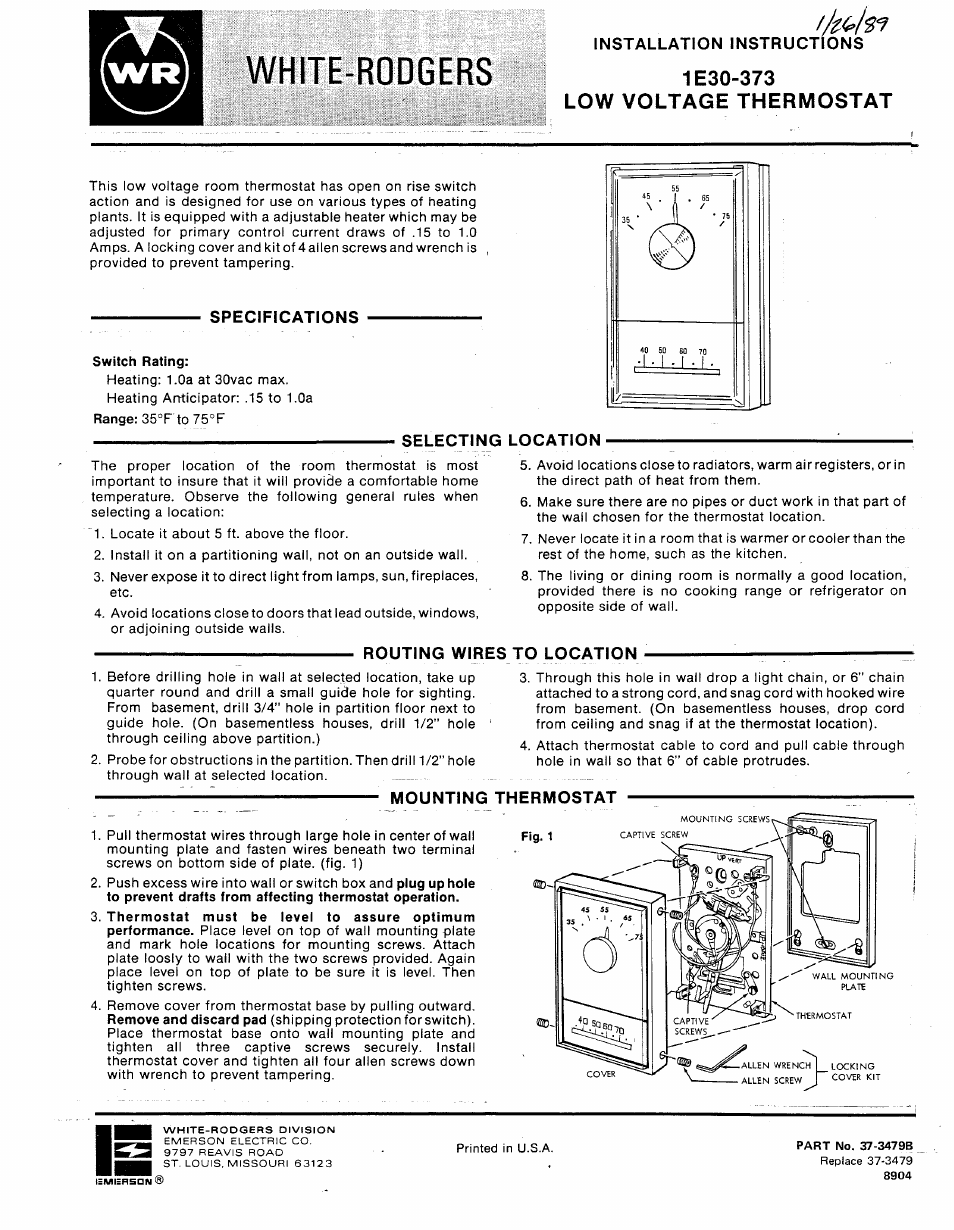 White Rodgers 1E30-373 User Manual | 2 pages