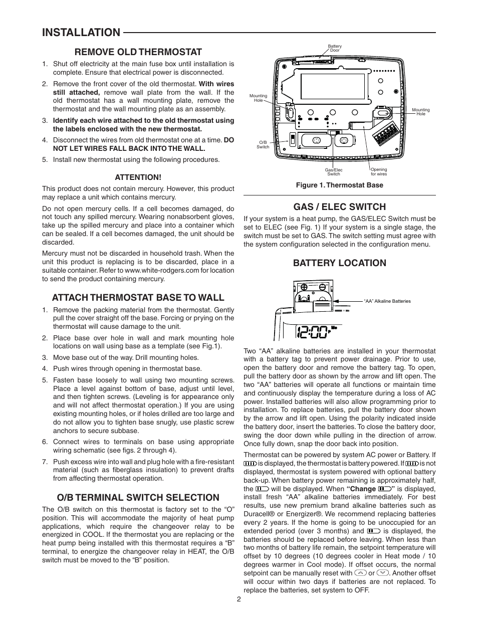 Installation, Remove old thermostat, Attach thermostat base to wall | O/b terminal switch selection, Gas / elec switch, Battery location | White Rodgers 1F80-0261 User Manual | Page 2 / 12