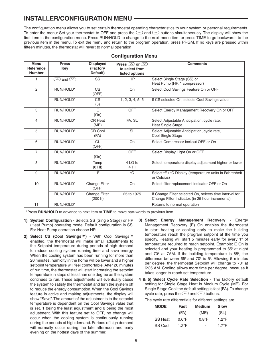 Installer/configuration menu, Confi guration menu | White Rodgers 1F80-0261 User Manual | Page 5 / 12