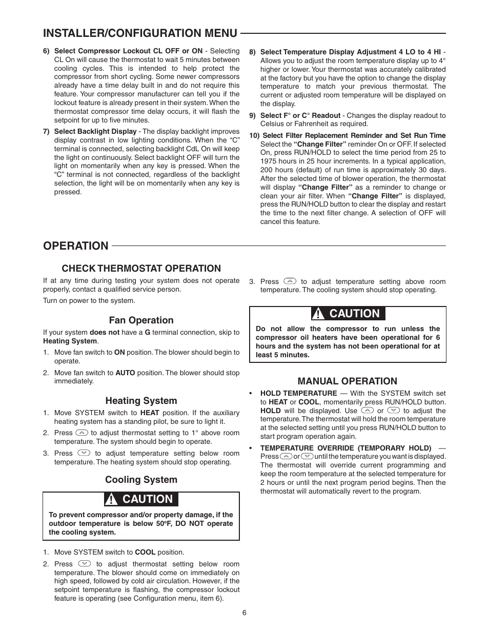 Caution, Installer/configuration menu, Operation | White Rodgers 1F80-0261 User Manual | Page 6 / 12