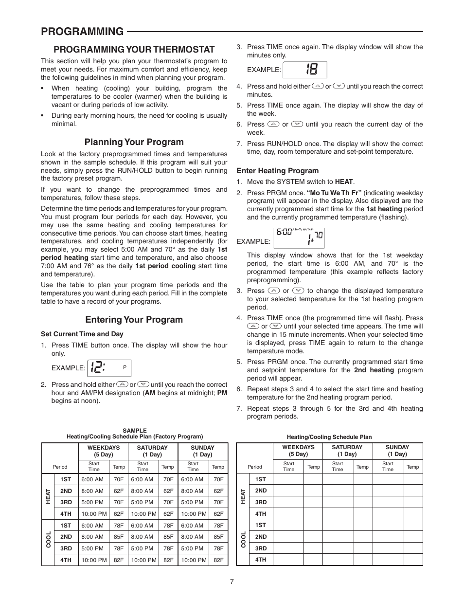 Programming, Programming your thermostat, Planning your program | Entering your program | White Rodgers 1F80-0261 User Manual | Page 7 / 12