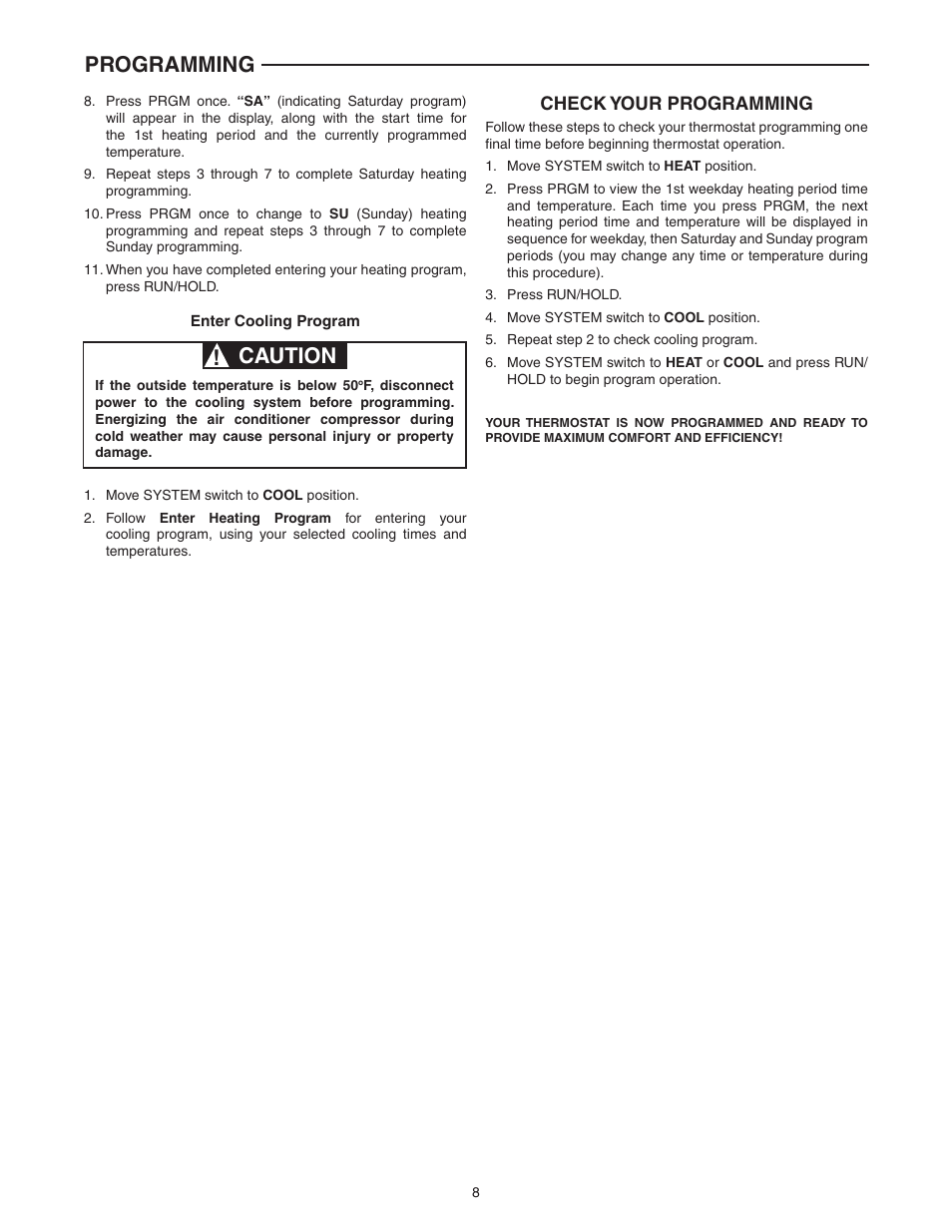 Programming, Caution, Check your programming | White Rodgers 1F80-0261 User Manual | Page 8 / 12