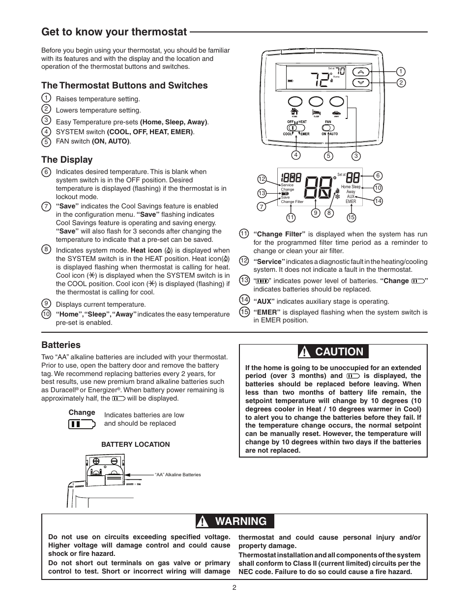 Get to know your thermostat, Caution, Warning | The thermostat buttons and switches, The display, Batteries | White Rodgers 1F89EZ-0251 User Manual | Page 2 / 8