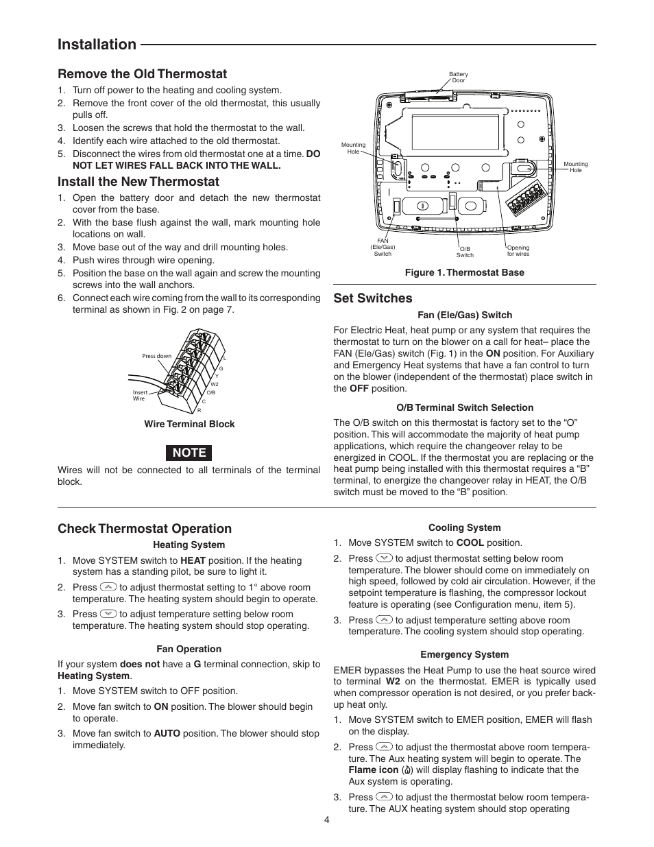 Installation, Remove the old thermostat, Install the new thermostat | Set switches, Check thermostat operation | White Rodgers 1F89EZ-0251 User Manual | Page 4 / 8