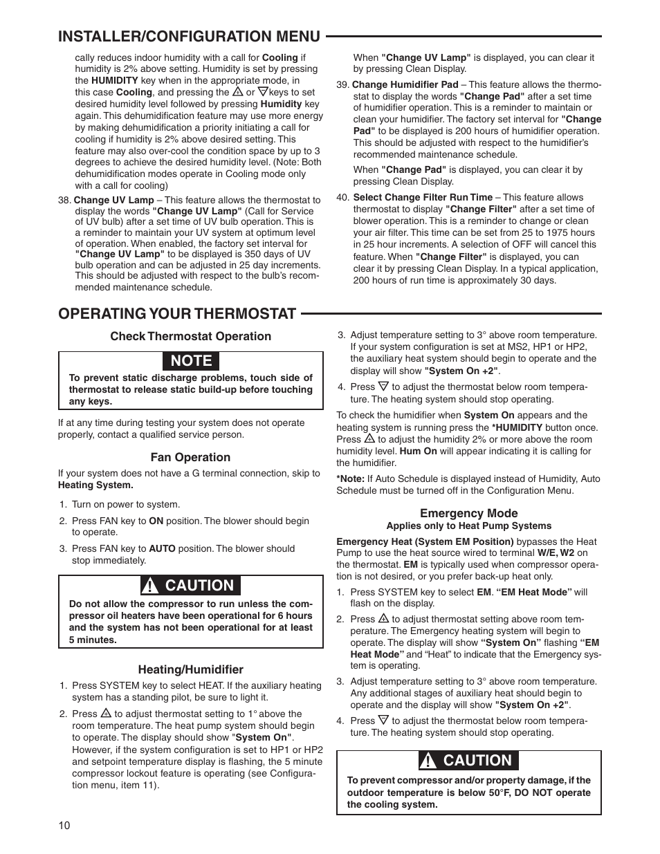 Installer/configuration menu, Operating your thermostat, Caution | White Rodgers 1F95-1291 User Manual | Page 10 / 16